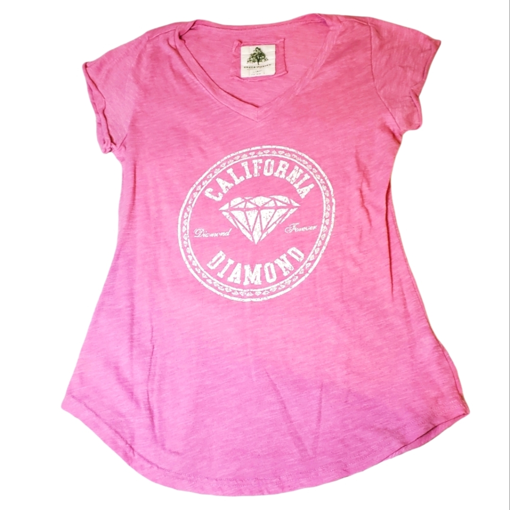 GREEN SLEEVED | Women's pink California Diamond text graphic t-shirt. Size large